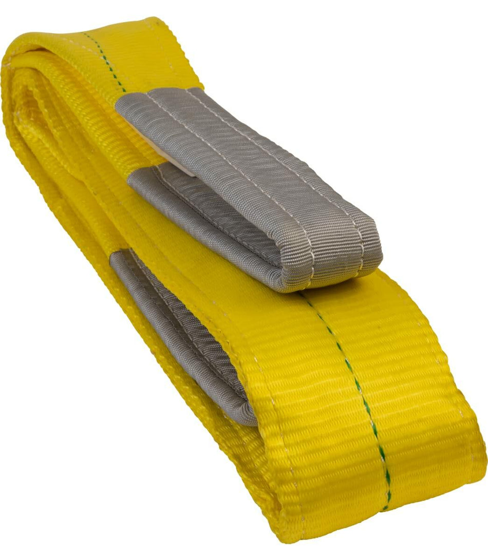 The JET 4-inch wide yellow polyester web sling folded neatly, displaying the durable 2-ply construction and reinforced eye loops.