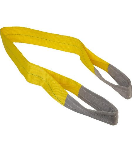 The yellow JET 2-ply polyester web sling laid out, showing the flat body and the reinforced gray eye loops at each end.