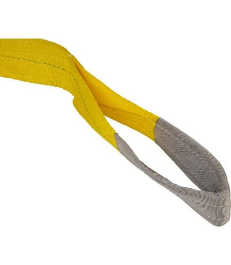 A close-up view of one reinforced gray eye loop on the end of the yellow JET polyester lifting sling.