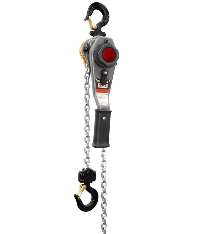 A studio shot of the JET JLH-75WO-15 3/4-ton lever hoist, showing its gray metal body, lever handle, top hook, bottom hook, and Grade 100 load chain.