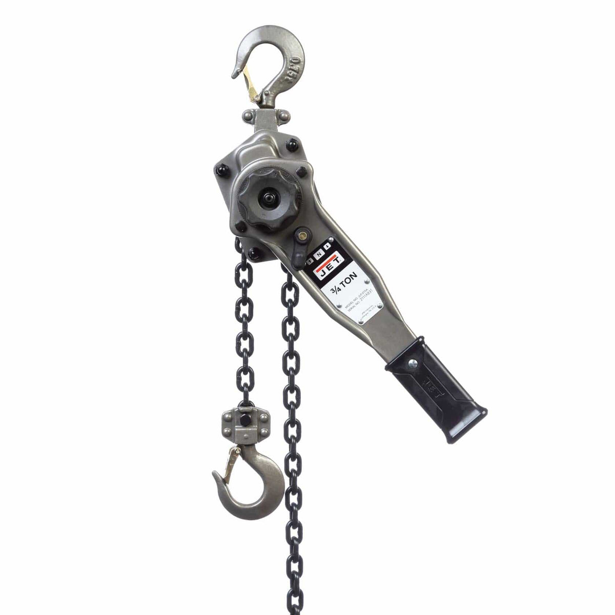 JET manual lever hoist with labeled 3/4 ton capacity, featuring lever handle, lifting chain, and hooks, designed for industrial-grade material handling.