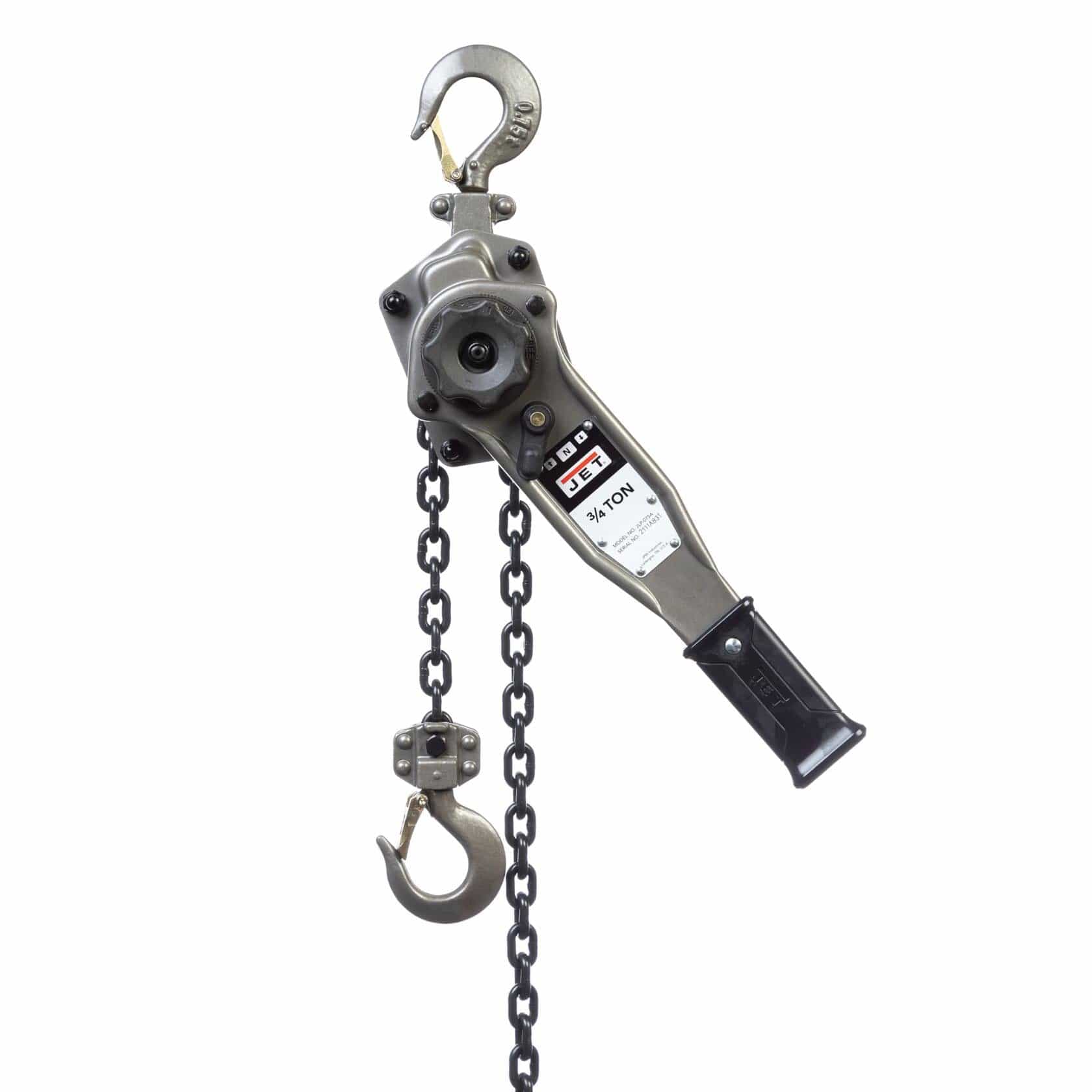 JET manual lever hoist with labeled 3/4 ton capacity, featuring lever handle, lifting chain, and hooks, designed for industrial-grade material handling.