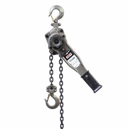 JET manual lever hoist with labeled 3/4 ton capacity, featuring lever handle, lifting chain, and hooks, designed for industrial-grade material handling.