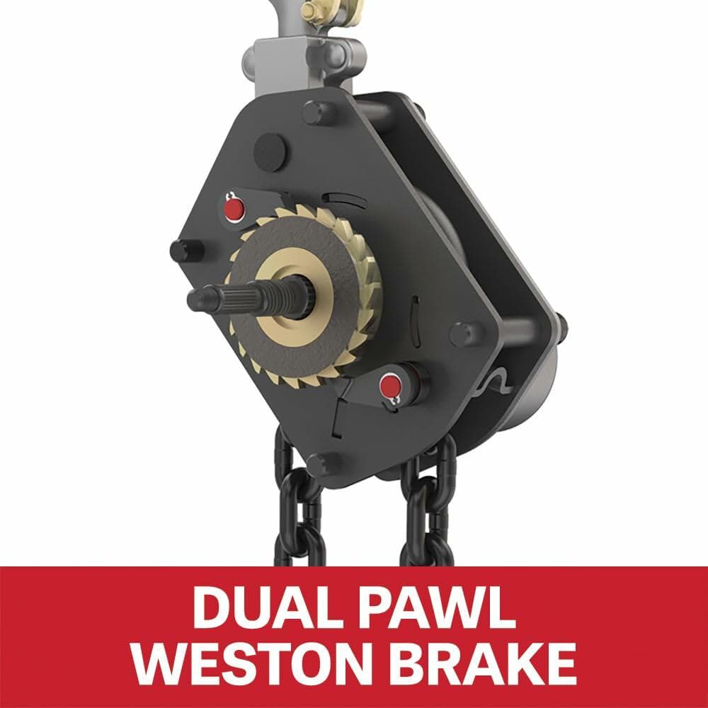 Close-up of dual pawl Weston brake mechanism with visible gear and chain links, labeled for enhanced safety and load control in hoisting systems.