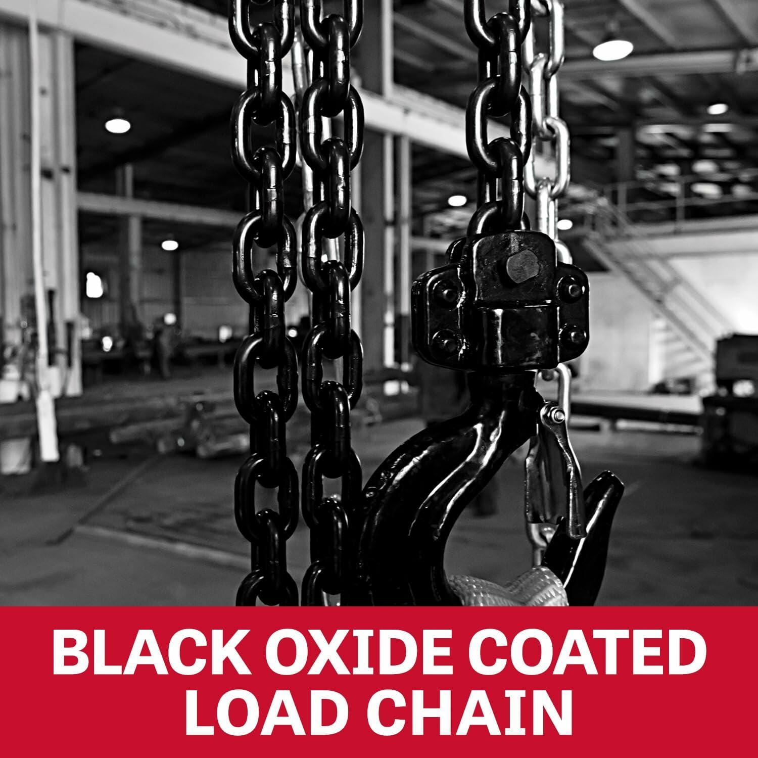 Black oxide coated load chain with hook suspended in industrial setting, labeled for corrosion resistance and durability in lifting applications.
