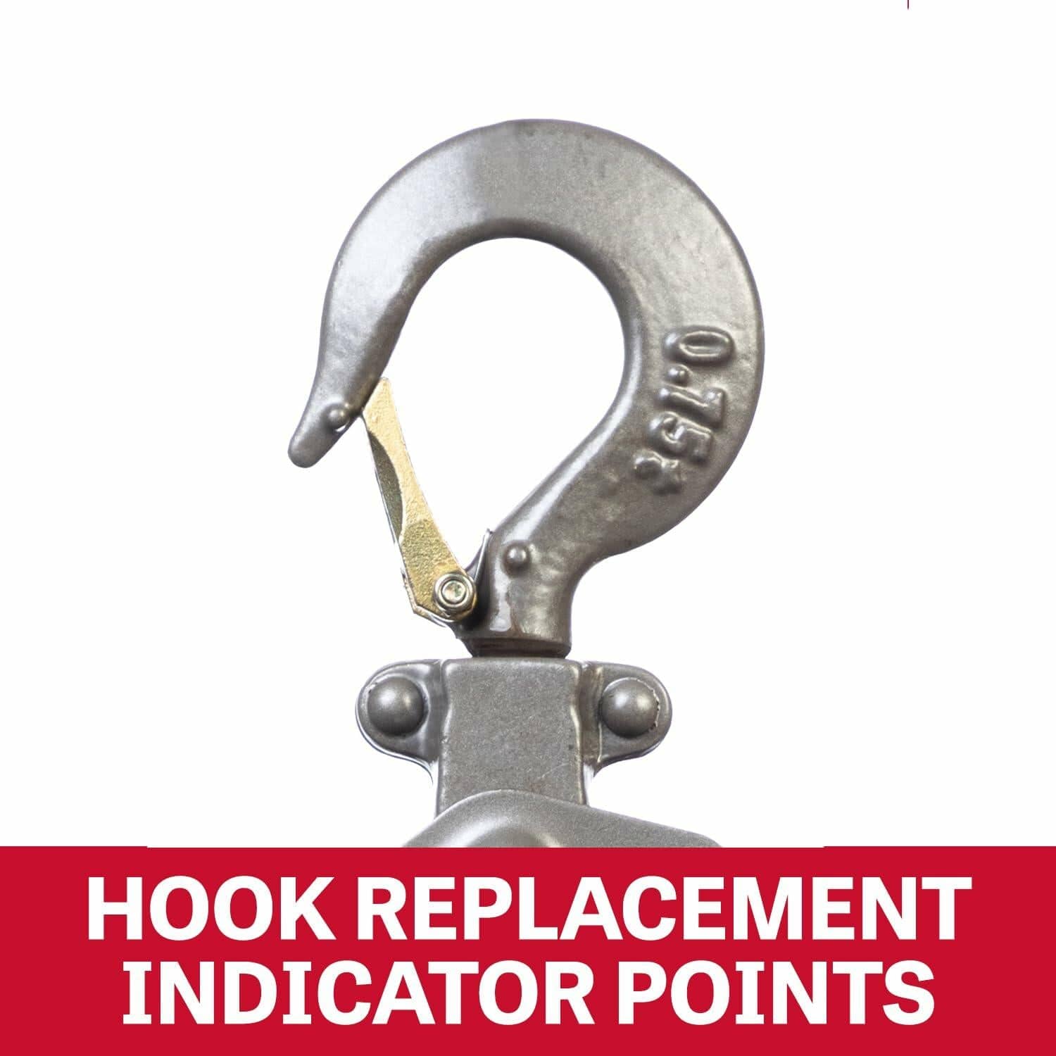 Metal hook with latch mechanism and engraved marking "0T3," shown with red banner labeled "HOOK REPLACEMENT INDICATOR POINTS" for safety awareness.