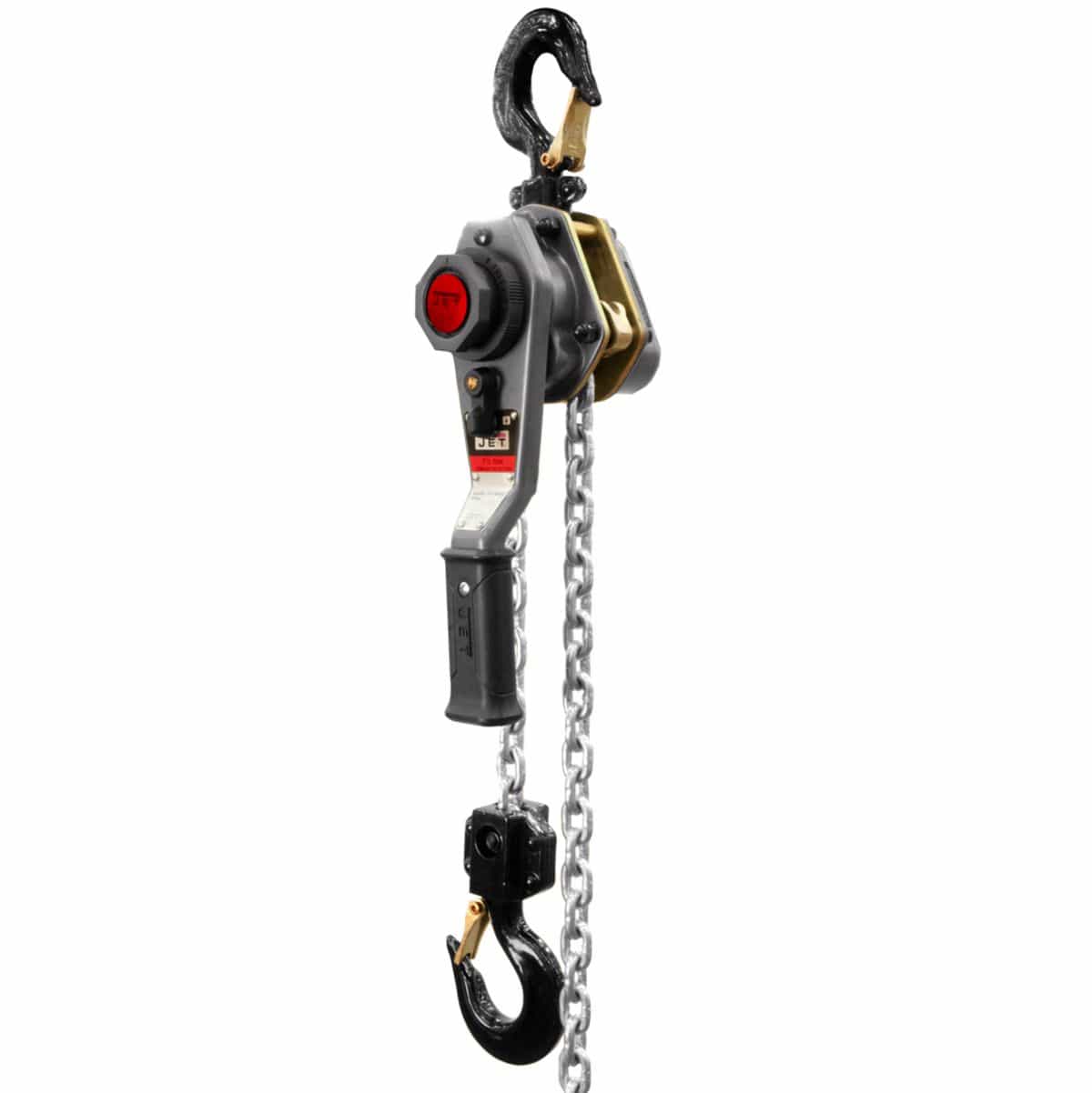 A professional studio product shot of the JET JLH-150WO-20 1-1/2 Ton Lever Hoist, featuring a heavy-duty industrial grey body, ergonomic black rubber grip handle, and durable Grade 100 silver load chain with 360-degree rotating safety hooks for industrial lifting and pulling.
