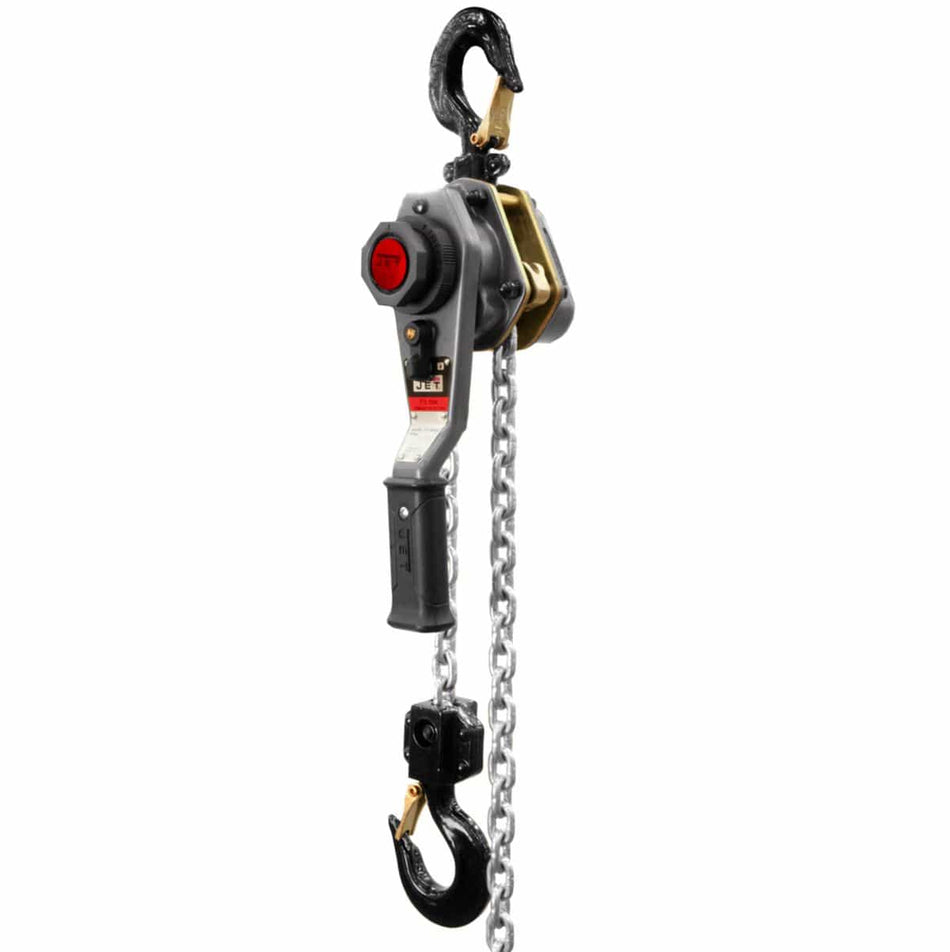 A professional studio product shot of the JET JLH-150WO-20 1-1/2 Ton Lever Hoist, featuring a heavy-duty industrial grey body, ergonomic black rubber grip handle, and durable Grade 100 silver load chain with 360-degree rotating safety hooks for industrial lifting and pulling.