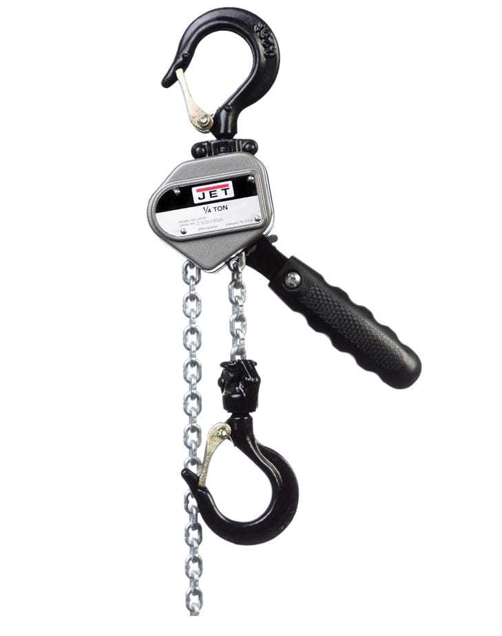 JET JLH-25-5 compact 1/4-ton lever hoist with aluminum housing, load chain, and black industrial hooks.