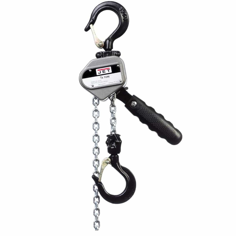 JET JLH-25-5 compact 1/4-ton lever hoist with aluminum housing, load chain, and black industrial hooks.