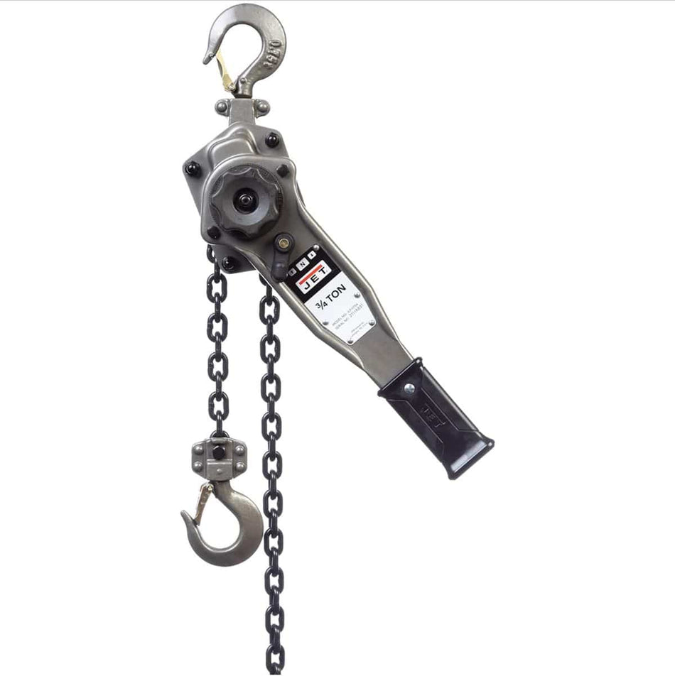 A professional product view of the JET JLP-075A-10 Series 3/4 Ton Lever Hoist on a white background, highlighting its contractor-grade industrial grey body, ergonomic black handle, and Grade 80 black oxide load chain.