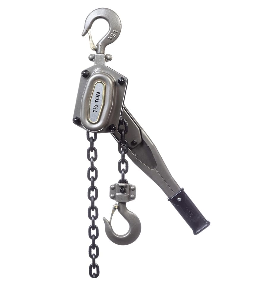 Studio view of the JET 1-1/2 ton lever chain hoist featuring a grey metal body, grade 80 black load chain, and heavy-duty safety hooks.