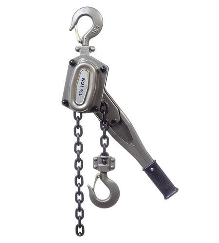 Studio view of the JET 1-1/2 ton lever chain hoist featuring a grey metal body, grade 80 black load chain, and heavy-duty safety hooks.