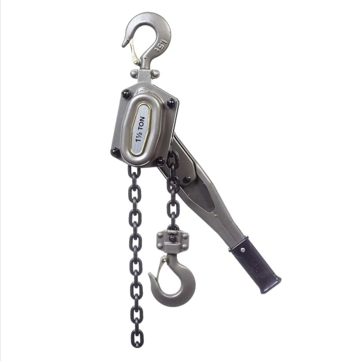 Studio view of the JET 1-1/2 ton lever chain hoist featuring a grey metal body, grade 80 black load chain, and heavy-duty safety hooks.