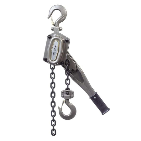 Studio view of the JET 1-1/2 ton lever chain hoist featuring a grey metal body, grade 80 black load chain, and heavy-duty safety hooks.