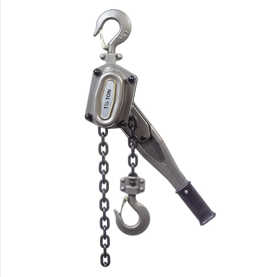 Studio view of the JET 1-1/2 ton lever chain hoist featuring a grey metal body, grade 80 black load chain, and heavy-duty safety hooks.