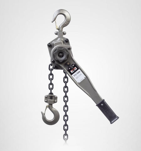 Angled studio shot of the lever chain hoist showing the ratchet handle, gear housing, and the full length of the chain and hook assembly.