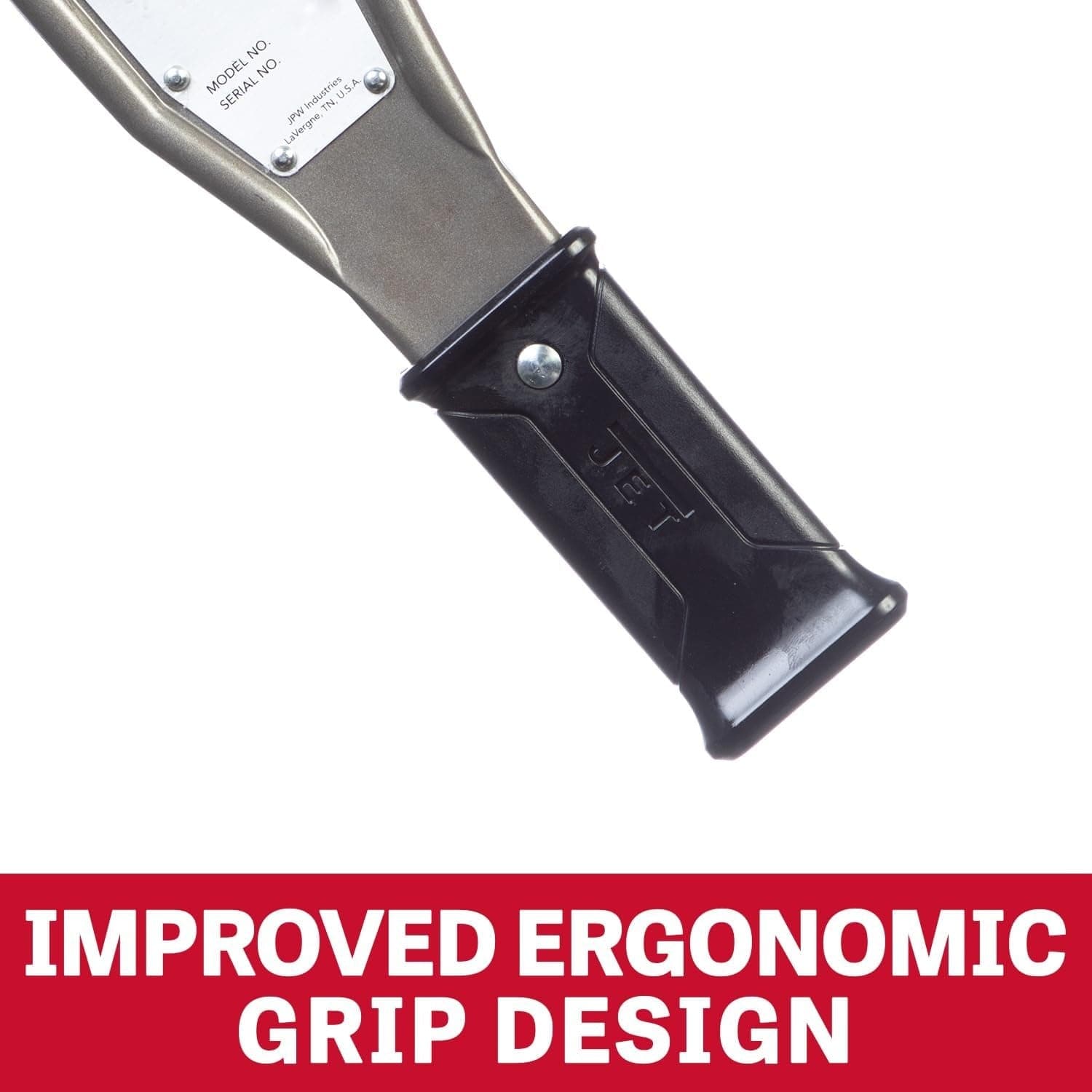 Close-up detail of the redesigned black ergonomic handle grip on the end of the steel lever arm.