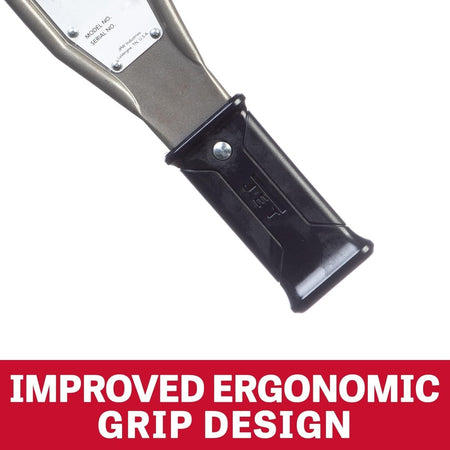 Close-up detail of the redesigned black ergonomic handle grip on the end of the steel lever arm.