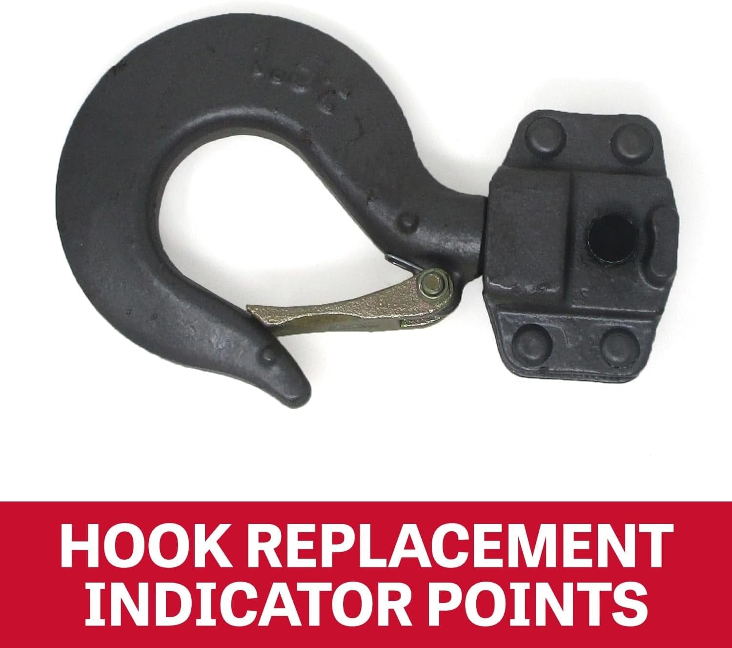 Close-up of the industrial rated alloy steel hook showing the cast steel safety latch and punch mark indicator points for wear inspection.