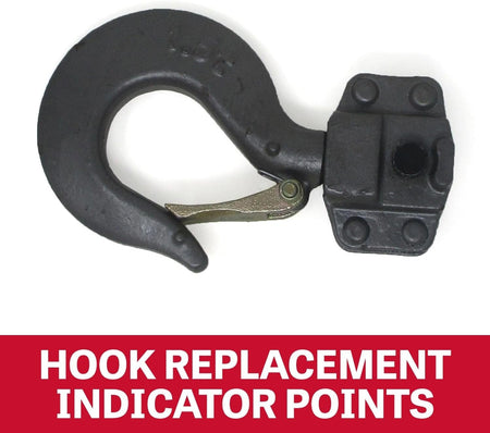 Close-up of the industrial rated alloy steel hook showing the cast steel safety latch and punch mark indicator points for wear inspection.
