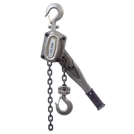Studio view of the JET 1-1/2 ton lever chain hoist featuring a grey metal body, grade 80 black load chain, and heavy-duty safety hooks.