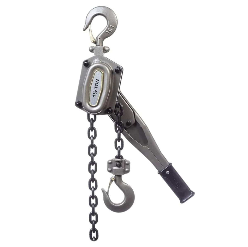 Studio view of the JET 1-1/2 ton lever chain hoist featuring a grey metal body, grade 80 black load chain, and heavy-duty safety hooks.