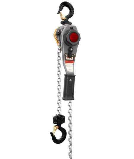 A studio shot of the Jet JLP-050A-15 1/2-ton mini-puller lever hoist, showing its compact steel body, lever handle, and 15 feet of load chain.
