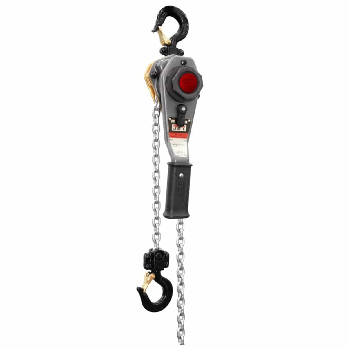 A studio shot of the Jet JLP-050A-15 1/2-ton mini-puller lever hoist, showing its compact steel body, lever handle, and 15 feet of load chain.