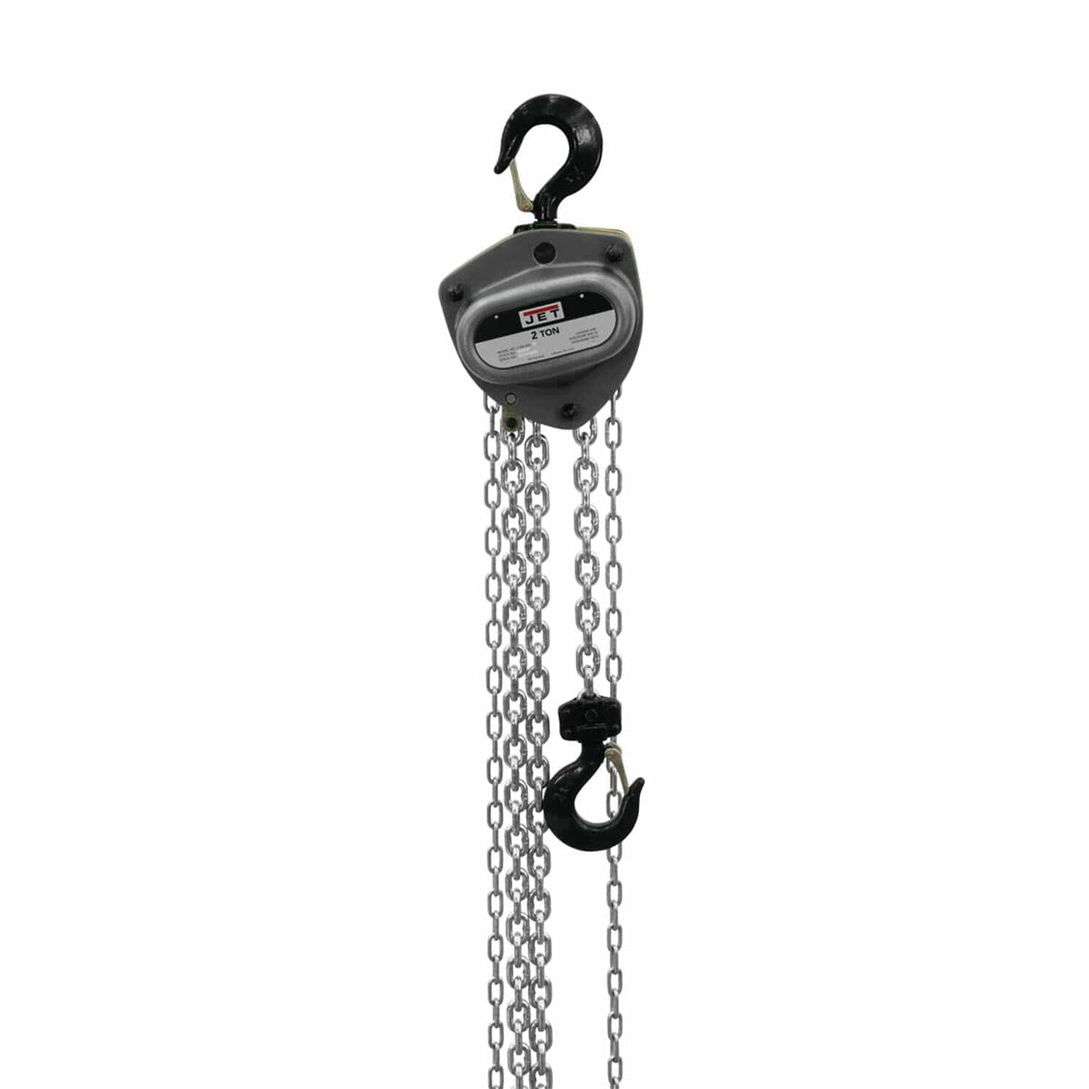 The JET L-100 Series 2-Ton hand chain hoist, showing the main head unit, the load chain, and the upper and lower hooks.