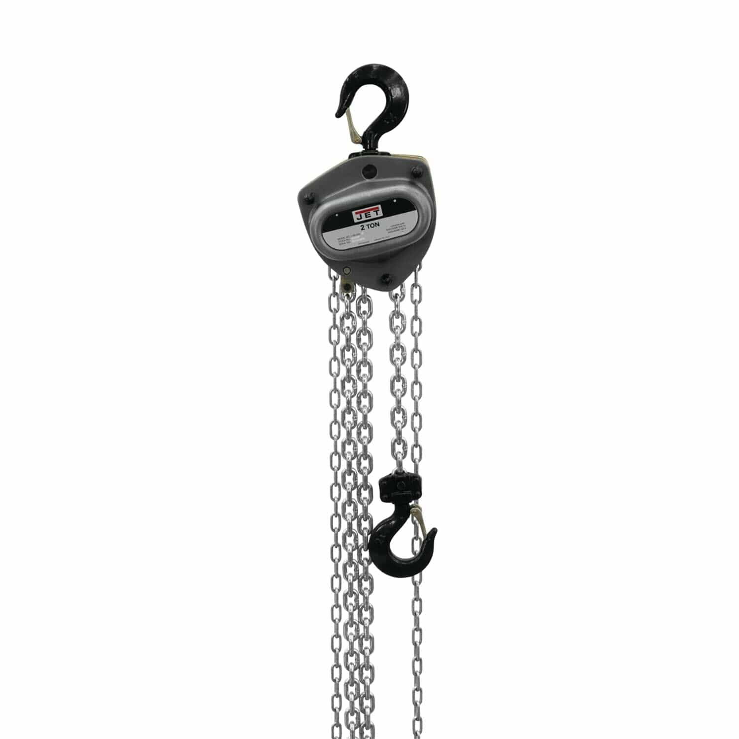 The JET L-100 Series 2-Ton hand chain hoist, showing the main head unit, the load chain, and the upper and lower hooks.