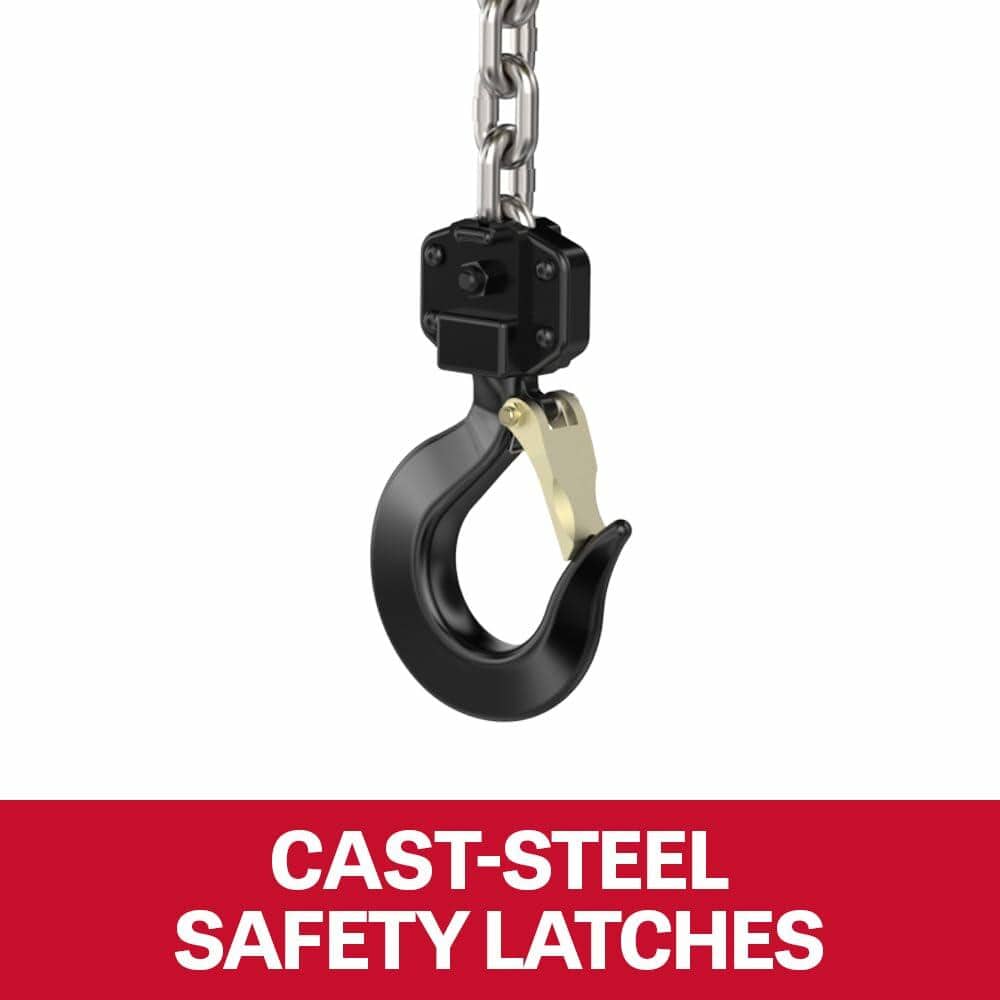 A close-up view of the black cast-steel alloy hook and its safety latch, with text highlighting the "CAST-STEEL SAFETY LATCHES" feature.