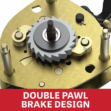 A detailed close-up illustration of the hand chain hoist's internal components, emphasizing the "DOUBLE PAWL BRAKE DESIGN."