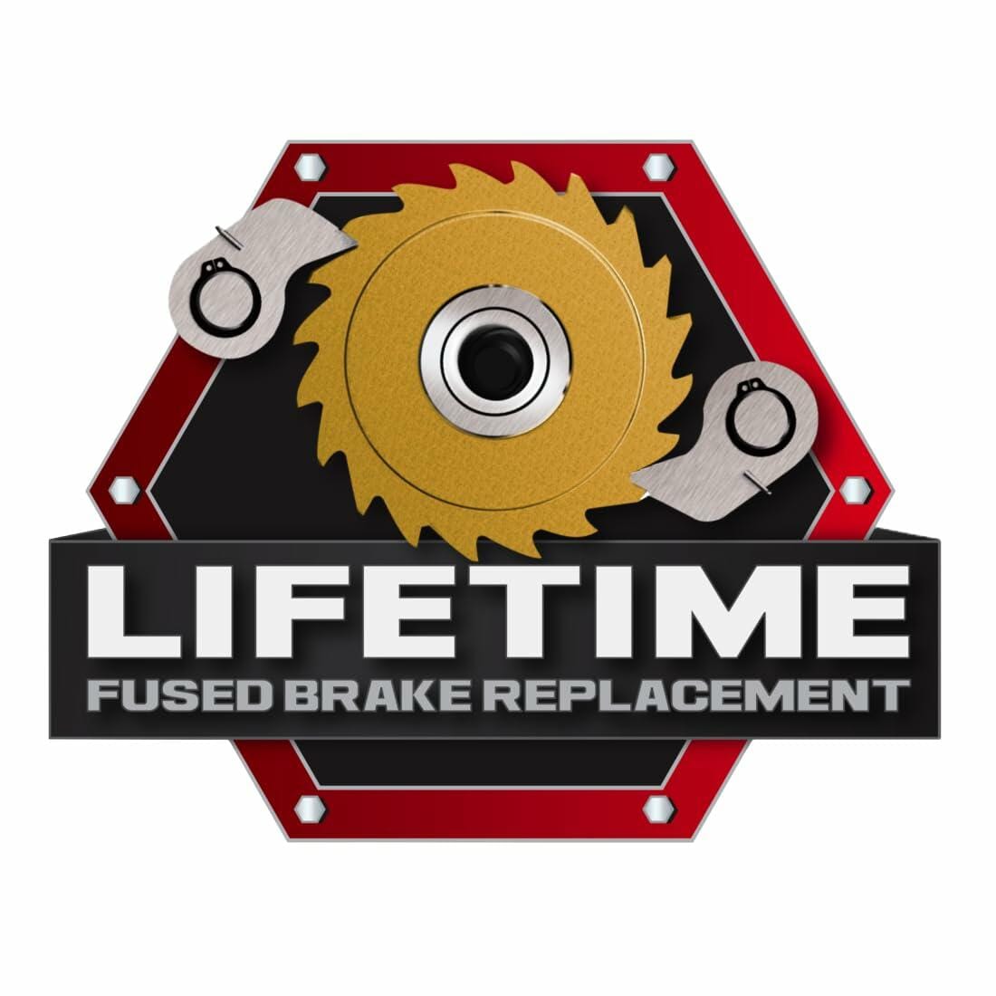 A graphic badge promoting the JET hoist's "LIFETIME FUSED BRAKE REPLACEMENT" warranty feature.