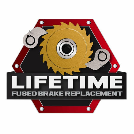 A graphic badge promoting the JET hoist's "LIFETIME FUSED BRAKE REPLACEMENT" warranty feature.