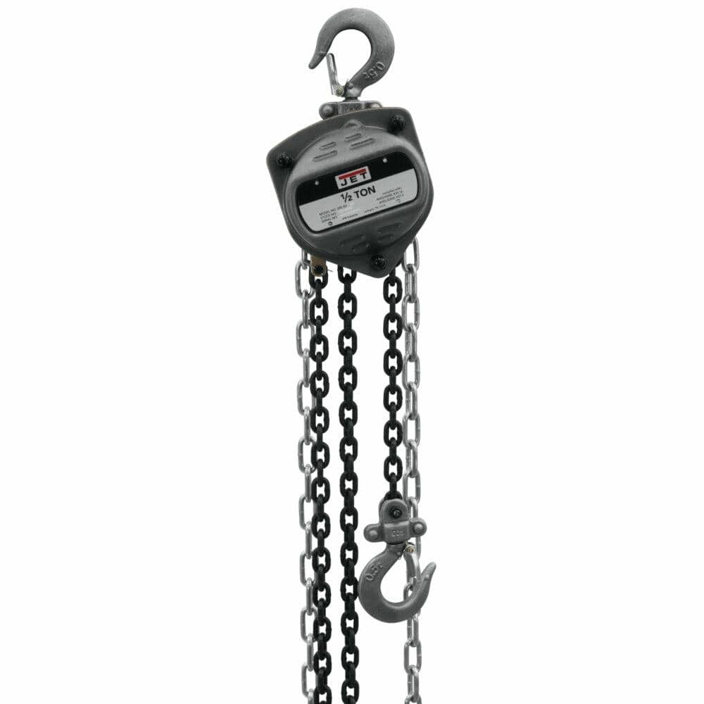 The JET S90 1/2-ton hand chain hoist, showing the hoist body, top hook, black Grade 80 load chain, and the lower hook with safety latch.