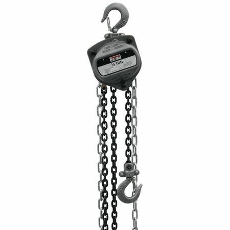 The JET S90 1/2-ton hand chain hoist, showing the hoist body, top hook, black Grade 80 load chain, and the lower hook with safety latch.