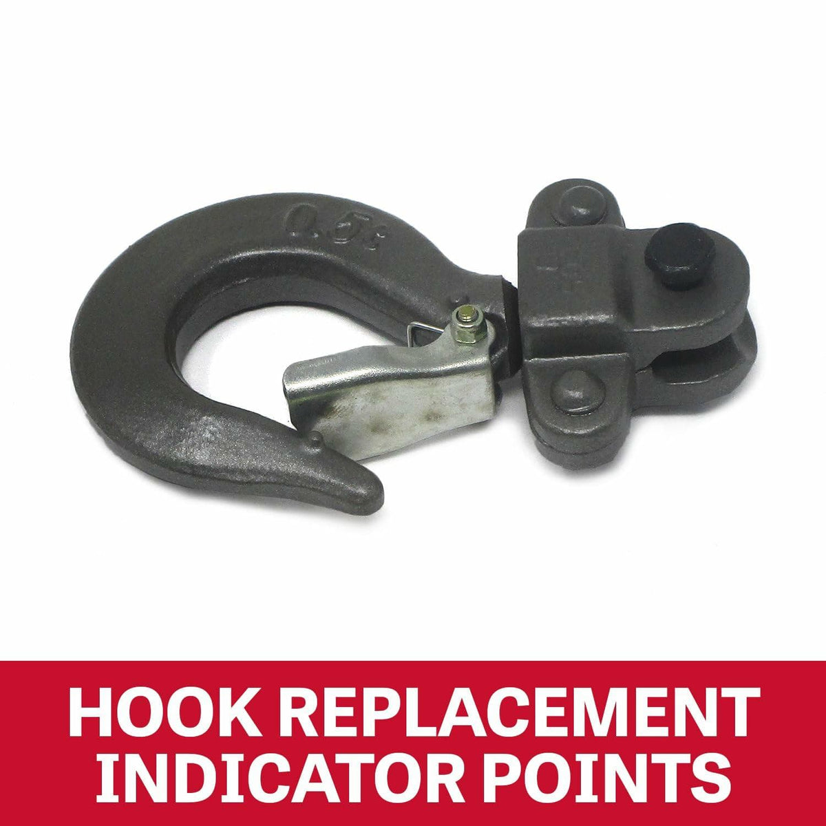 Close-up of the JET hoist's lower hook, highlighting the "HOOK REPLACEMENT INDICATOR POINTS" for safety inspection.