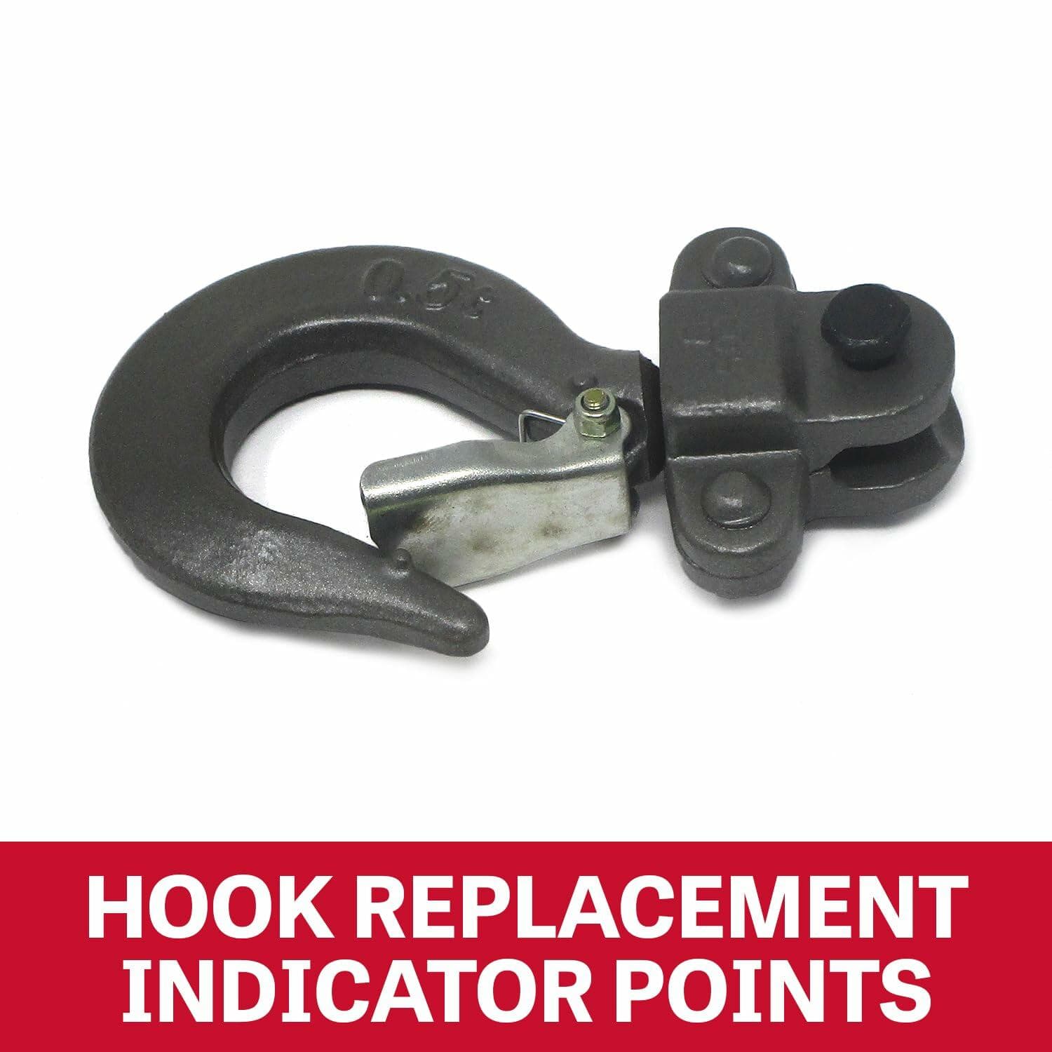 Close-up of the JET hoist's lower hook, highlighting the "HOOK REPLACEMENT INDICATOR POINTS" for safety inspection.