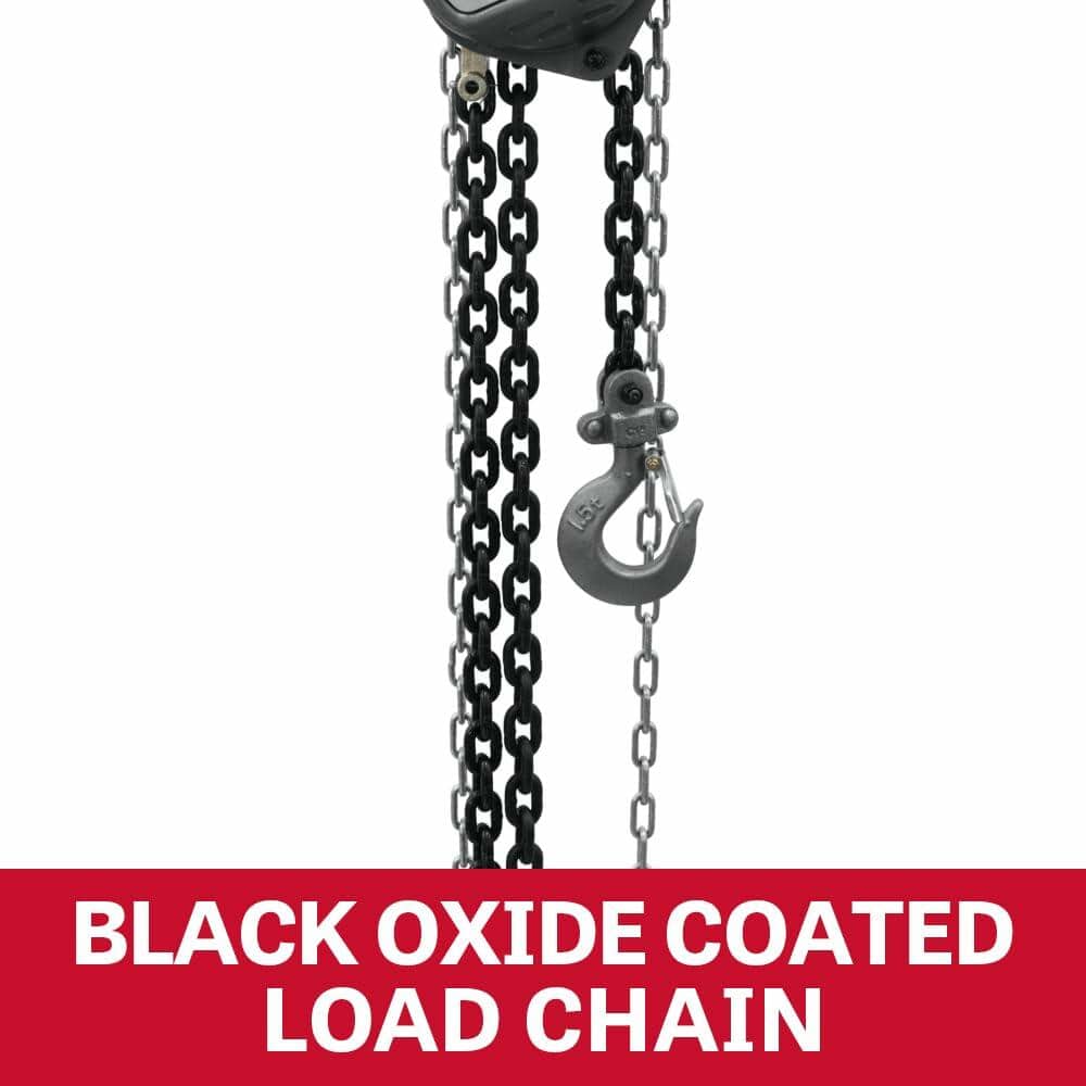 A close-up feature shot of the JET hoist's black oxide coated load chain hanging next to the hand chain.