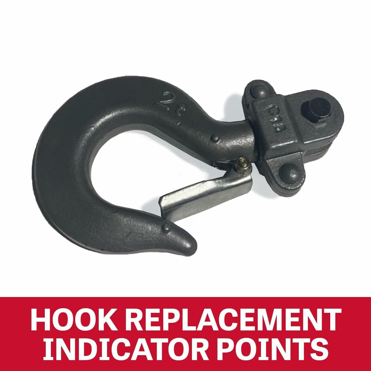 A close-up feature shot of the alloy steel hook, showing the safety latch and hook replacement indicator points.