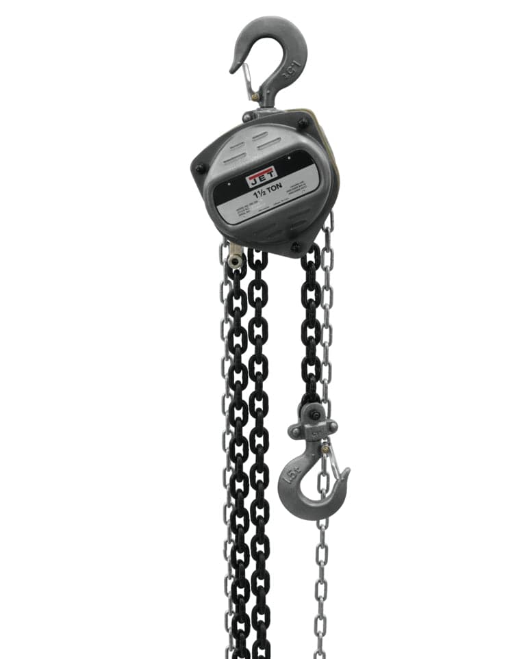 A studio shot of the JET S90-150-15 1-1/2-ton hand chain hoist, showing its compact steel body, top hook, bottom hook, and 15 feet of load chain.