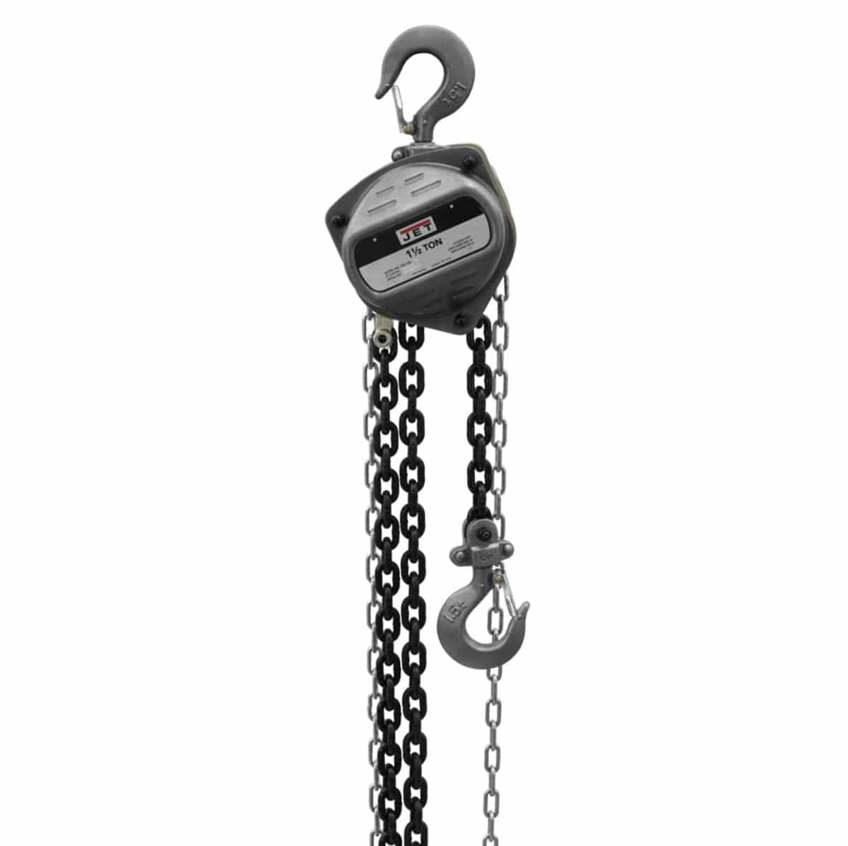 A studio shot of the JET S90-150-15 1-1/2-ton hand chain hoist, showing its compact steel body, top hook, bottom hook, and 15 feet of load chain.