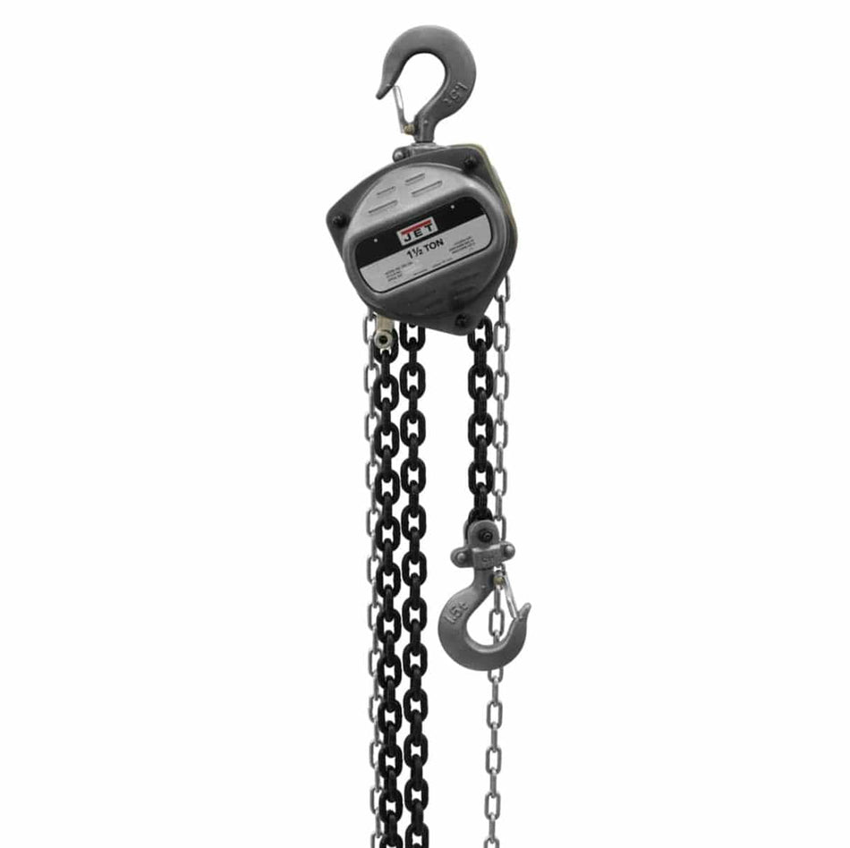 A studio shot of the JET S90-150-15 1-1/2-ton hand chain hoist, showing its compact steel body, top hook, bottom hook, and 15 feet of load chain.