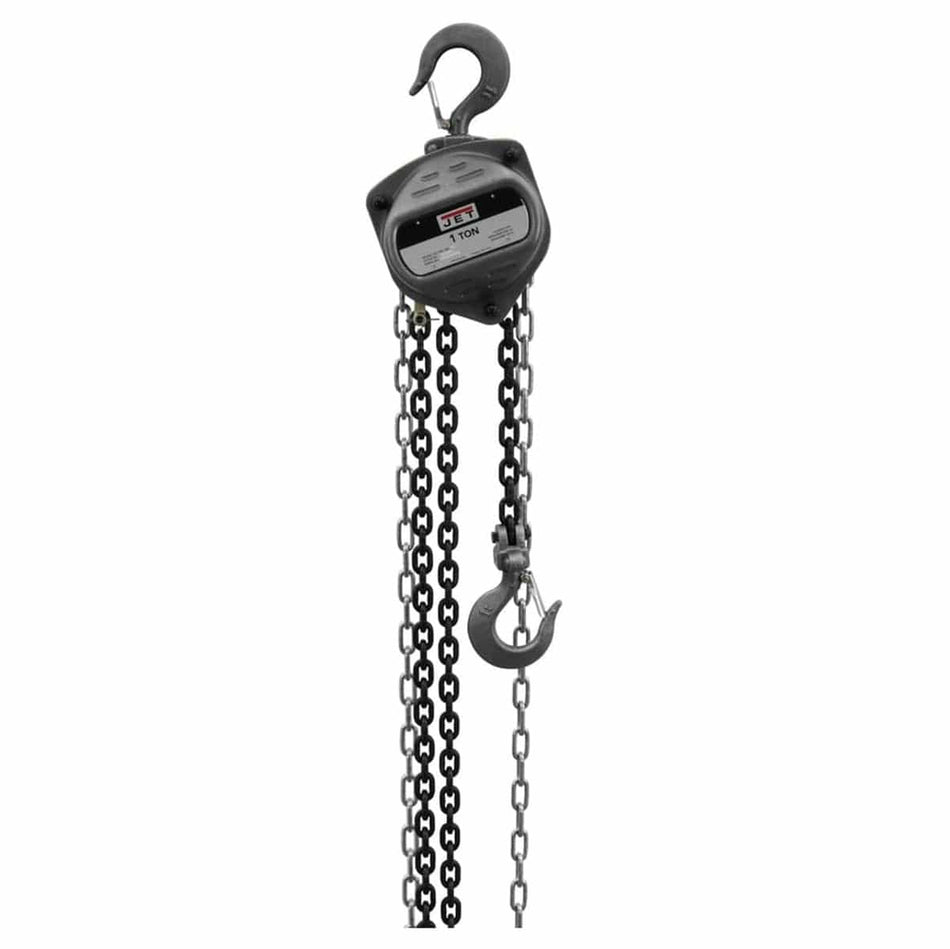 Full view of the JET S90 Series 1-Ton hand chain hoist with the 10-foot lift chain extending down from the block, ready for manual lifting operations.