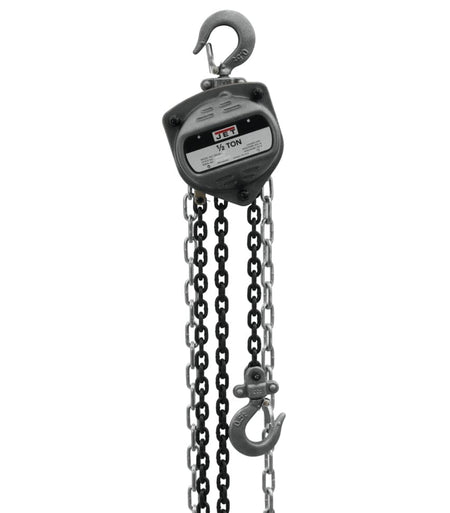 Product studio shot from a direct front view of the JET S90 Series 1/2 Ton Hand Chain Hoist against a clear white background, showcasing its compact industrial grey steel body casing with a black label detailing "JET 1/2 TON," an upper heavy-duty safety latch hook for overhead mounting, a premium drop-forged lower cargo hook, and long dangling loops of robust black steel Grade 80 load chain alongside a silver-finished hand pull chain line.