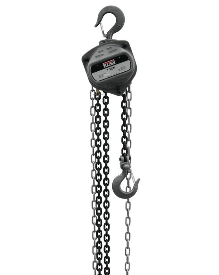A studio shot of the Jet S90-100-20 1-ton hand chain hoist, showing its compact steel body, top hook, bottom hook, and 20 feet of load chain.