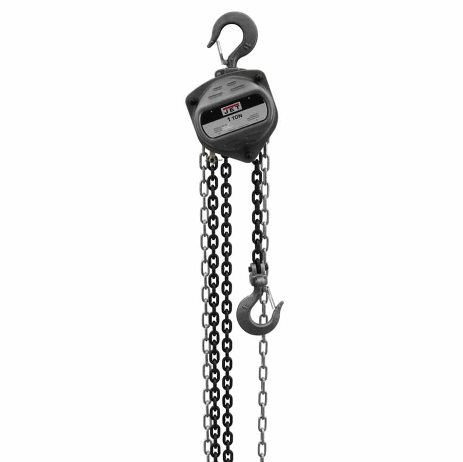 A studio shot of the Jet S90-100-20 1-ton hand chain hoist, showing its compact steel body, top hook, bottom hook, and 20 feet of load chain.