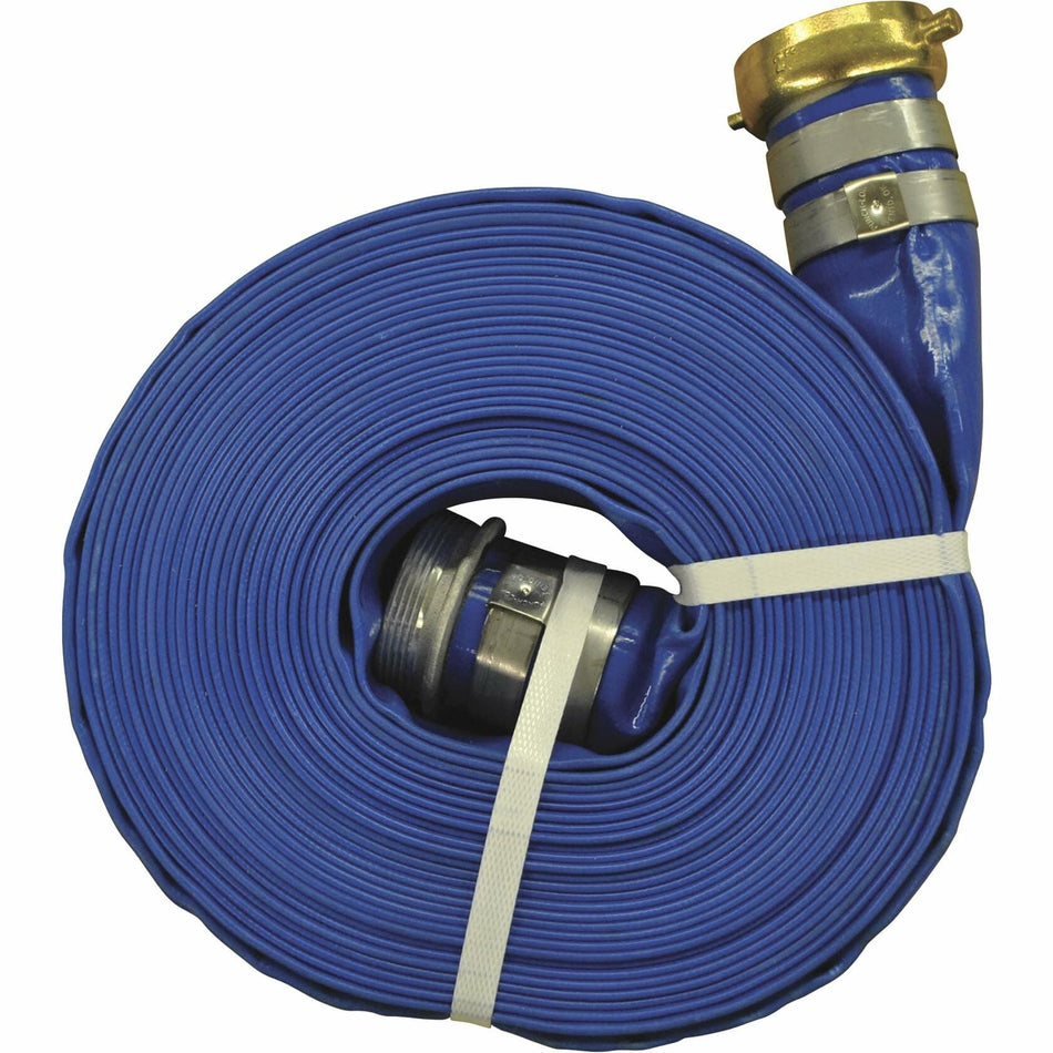 Top-down view of the coiled blue JGB Enterprises lay-flat PVC discharge hose, with the brass female coupling on the outer end and the male coupling visible in the center.