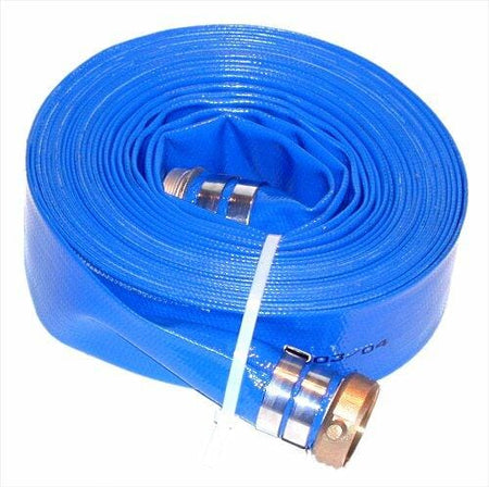 Angled view of the JGB Enterprises 2-inch blue PVC discharge hose coiled tightly and secured with a white strap, showing the brass female and aluminum male NPT couplings.